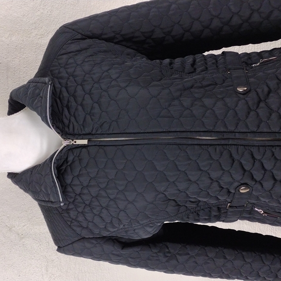 Giacca Black Quilted Long Sleeve Mid Length Zipper Front Medium Weight Jacket - Picture 4 of 16